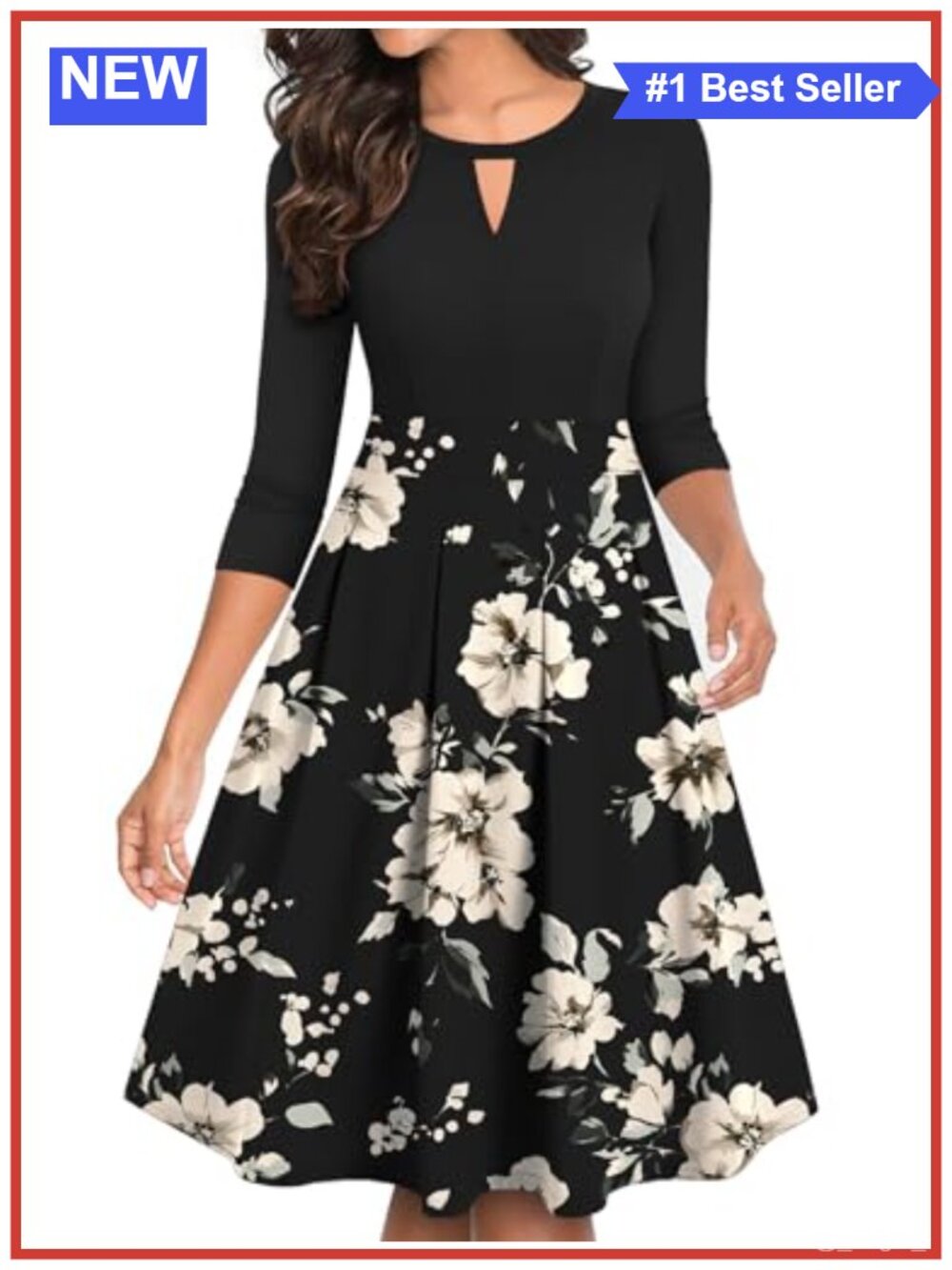 Women's Vintage Floral A-Line Keyhole Midi Dress Pockets 3/4 Sleeve